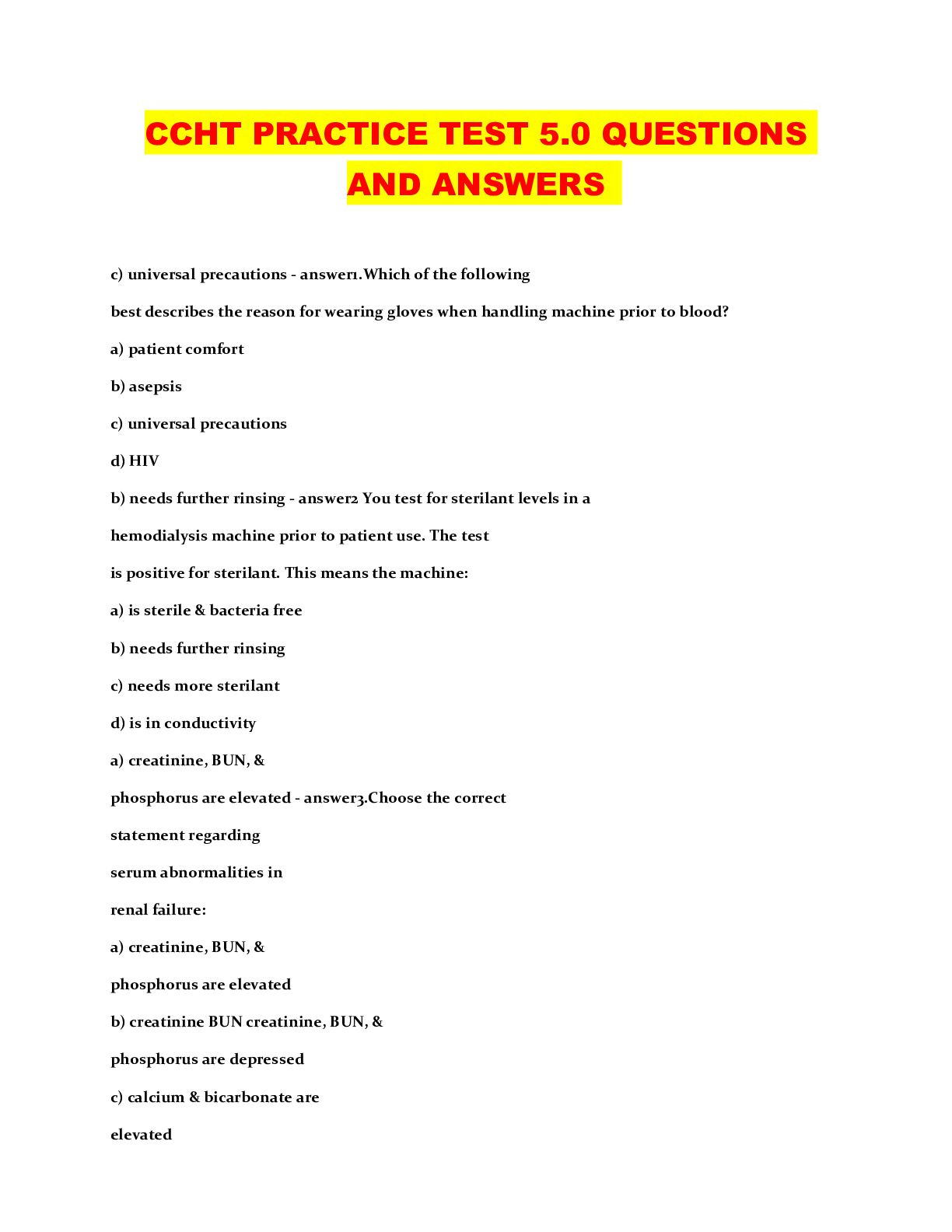 Preview image of CCHT PRACTICE TEST 5.0 QUESTIONS AND ANSWERS document